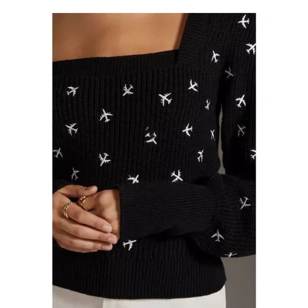 Maeve/Anthropologie Black Sweater with White airplane Accents - Picture 4 of 8
